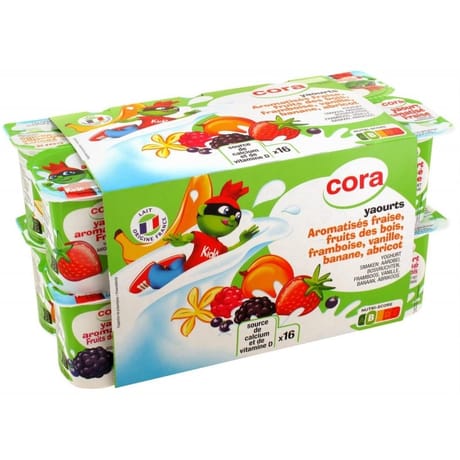 Cora kido yaourt aromatisé(saveur: banane,framboise,fruits des bois,abricot,fraise,vanille) 16x125g