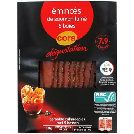 Cora dégustation émincés de saumon fumé ASC 5 baies 100g