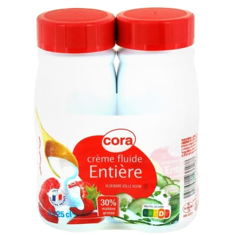 Cora crème fluide entière stérilisée uht 30% mg bouteille lot 2x25cl