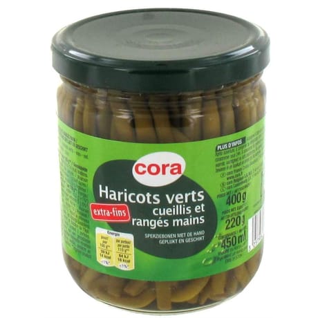 Cora haricots verts extra fins cueillis et rangés main bocal 450 ml 220g