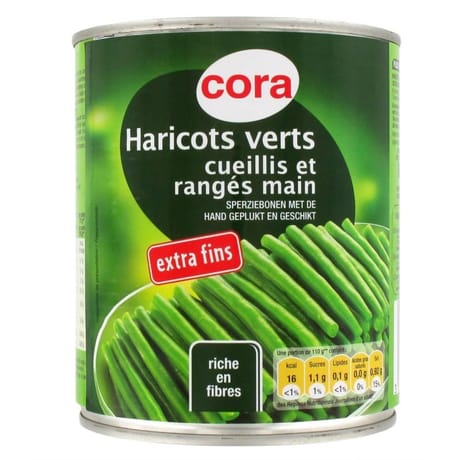 Cora haricots verts extra fins cueillis et rangés main boite 440 g