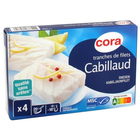 Cora 4 tranches de cabillaud msc en sachet fraîcheur 400g