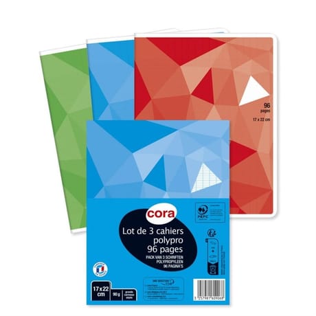 Cora lot 3 cahier piqûre (agrafe) 17 x 22 cm 96 pag seyes grands carreaux 90g couv polypropylène