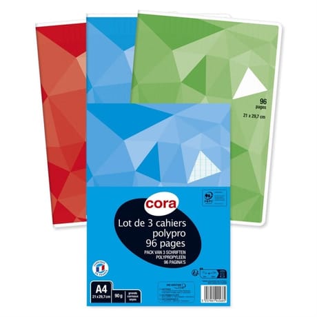 Cora lot 3 cahiers piqûre (agrafe) a4 96 pages seyes grands carreaux 90g couverture polypropylène