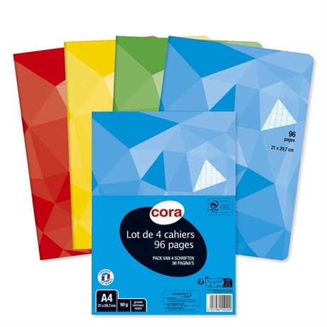 Cora lot de 4 offert cahiers piqûre (agrafe) a4 96 pages seyes grands carreaux