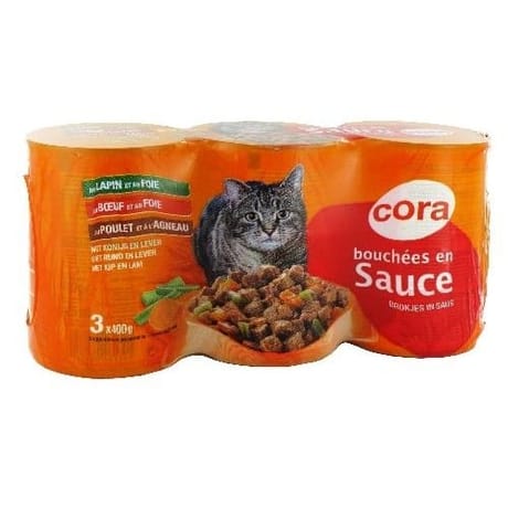 Cora bouchées en sauce chat boeuf foie/poulet agneau/lapin foie 3 x 400g