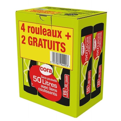 Cora sacs poubelle 6x15 50l liens coulissants lot 4 + 2 offerts
