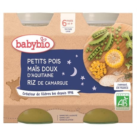 Babybio bonne nuit petits pois maïs riz sans gluten dès 6 mois 2x200g