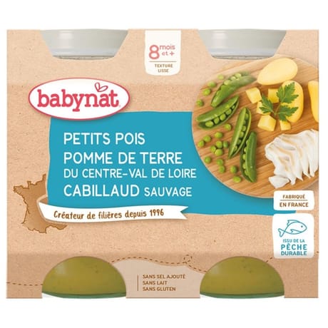Babynat légumes petits pois pomme de terre cabillaud sans gluten dès 8 mois 2x200g
