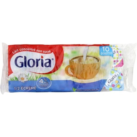 Gloria lait concentré non sucré 10 dosettes demi écrémé 4% m.g 75g