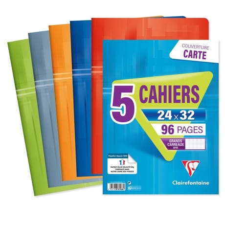 Clairefontaine lot de 5 cahiers piqure 24x32 cm 96 pages seyes 90 grammes