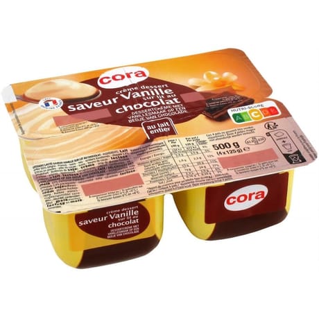 Cora dessert lacté saveur vanille sur lit au chocolat 4x125g