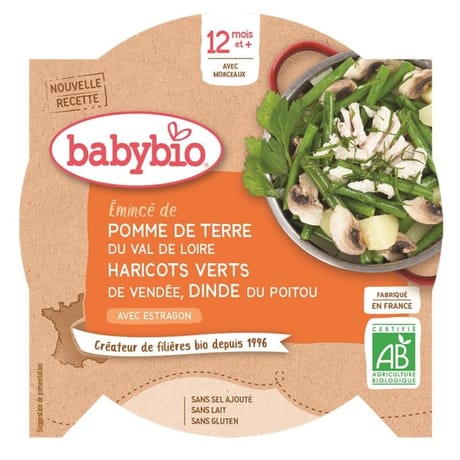 Babybio assiettes pomme de terre haricots verts dinde a l'estragon des 12 mois 230g