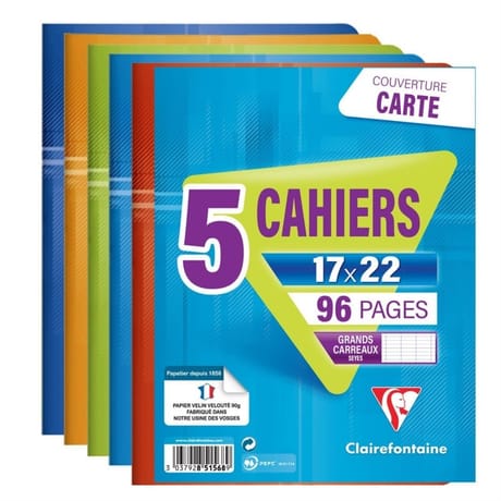 Clairefontaine lot de 5 cahiers piqure 17x22 cm 96 p grands carreaux