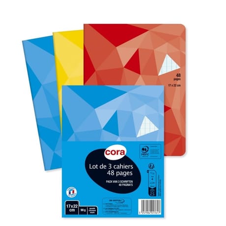 Cora 3 cahiers piqure 17x22 cm 48 pages grands carreaux 90 grammes couverture vernie