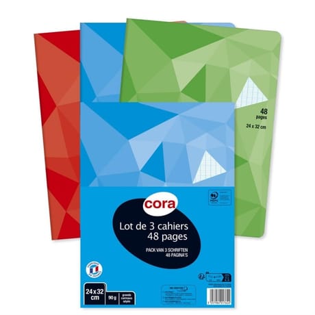 Cora 3 cahiers piqure 24x32 cm 48 pages grands carreaux 90 g couverture vernie