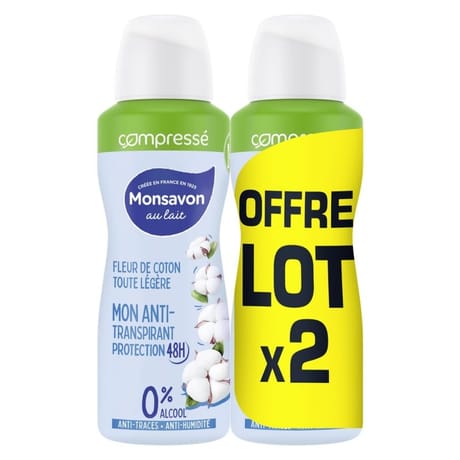 Monsavon déodorant femme spray compressé lait & coton 2x100ml
