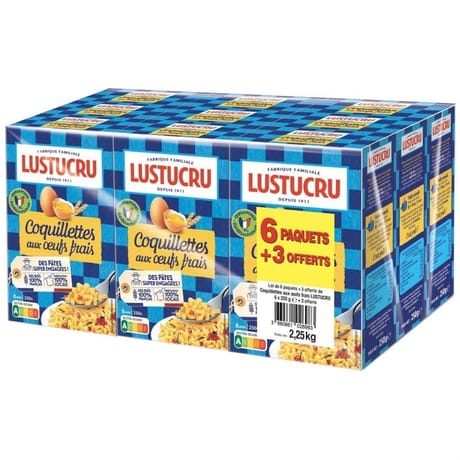 Lustucru pâtes aux oeufs coquillettes 250g lot de 6 + 3 paquets offerts