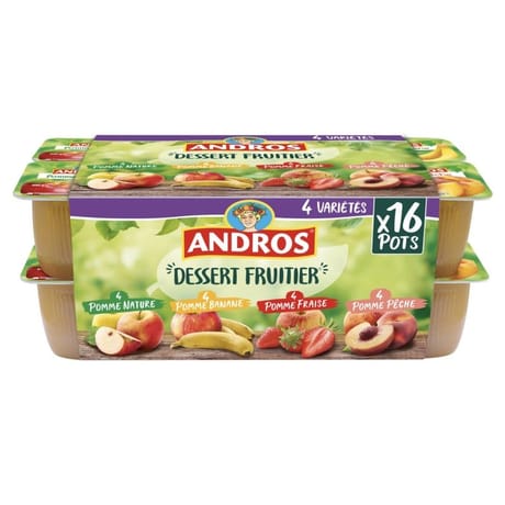 Andros dessert de pommes nature, vanille fraise, pêche 16x100g