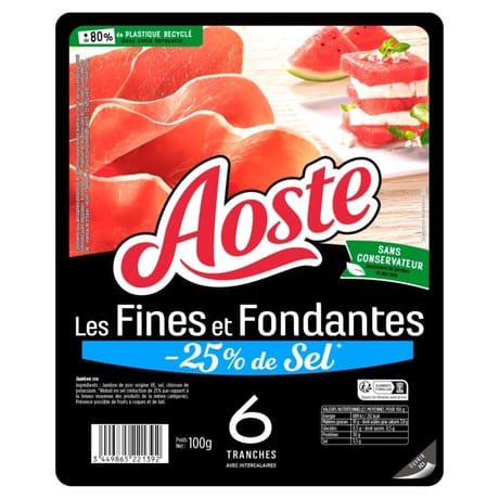 Aoste jambon cru 6 tranches fines et fondantes -25 % de sel 100 g