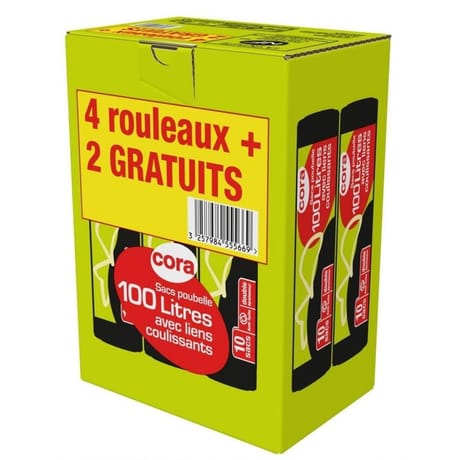 Cora lot 6x10 sacs poubelle 100l avec liens coulissants lot 4 + 2 offert