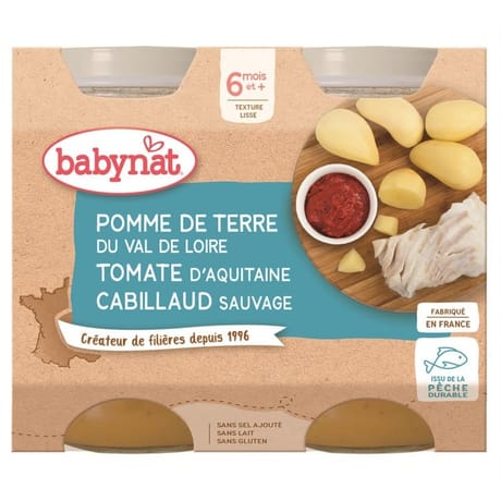 Babybio pomme de terre du val de loire tomate d'aquitaine cabillaud sauvage des 6 mois 2x200g