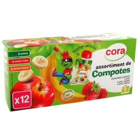 Cora kido compotes panachés allégées pomme,pomme fraise et pomme banane 12 x 90g
