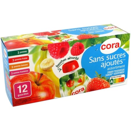 Cora gourdes panachées  pomme, pomme fraise, pomme banane, pomme framboise SSA 12 x 90g