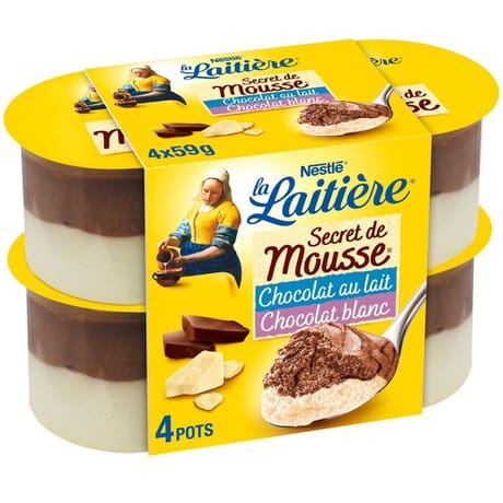 La Laitière Secret de mousse duo chocolat au lait et chocolat blanc 4x59g