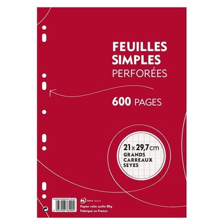 Feuilles simples blanches perforées 21x29.7 cm  600 pages grands carreaux