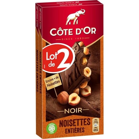 Côte d'or noir noisettes entières 2x180g-360g