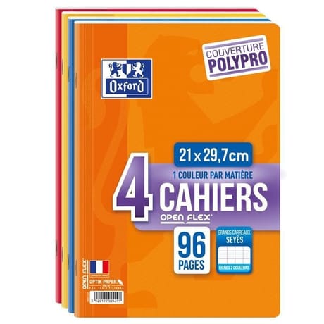 Oxford lot de 4 cahiers openflex agrafé 21x29.7 cm 96 p 90 gr grands carreaux