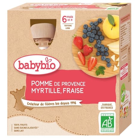 Babybio gourde pomme myrtille fraise 4x90g sans gluten dès 6 mois