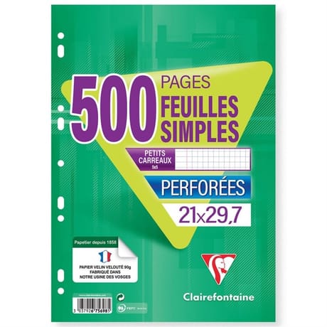 Clairefontaine feuilles simples perforées 210x297 500 pages petits carreaux 90g