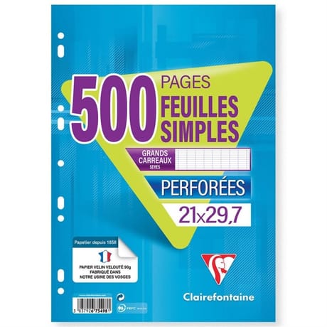 Clairefontaine feuilles simples 21x29.7 cm 500 pages seyes 90g