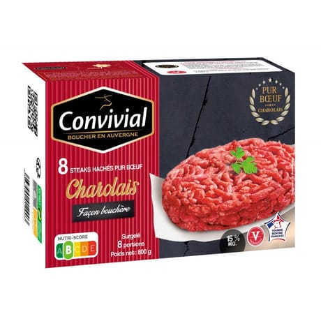 Convivial steak haché Charolais façon bouchère 15% mg 8x100g