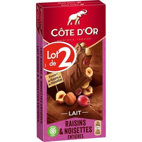 Côte d'or lait raisins noisettes 2x180g-360g