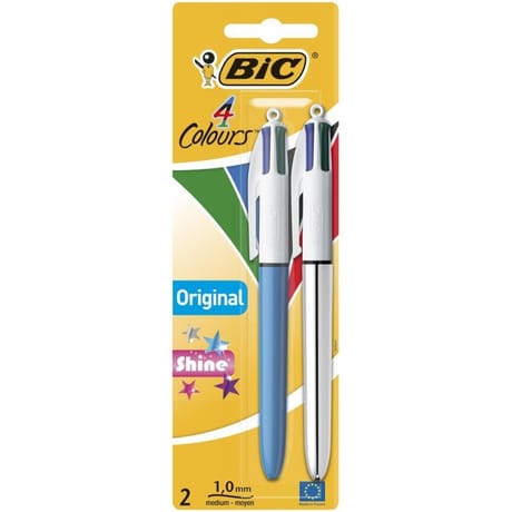 Bic stylo bille 4 couleurs médium + shine blister de 2