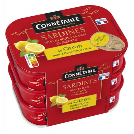 Connetable lot de 3x1/5 sardines à l'huile d'ollive vierge extra et au citron 405g