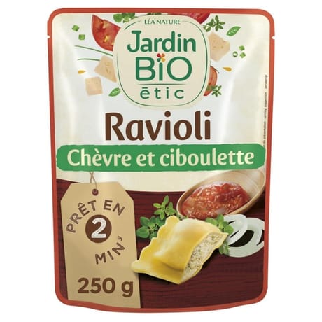 Jardin bio etic ravioli chèvre ciboulette bio sachet individuel 250g