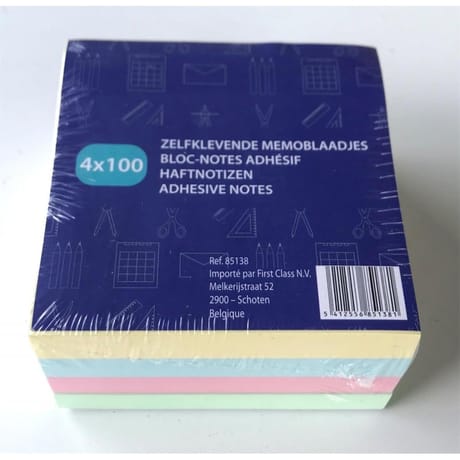 Bloc adhésif 4X100 feuilles 75x75 mm couleurs assorties