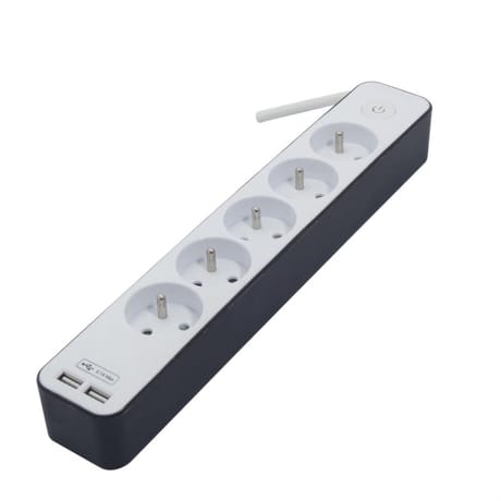 Chacon bloc 5 prises 16A + 2 USB - câble 1.5 m 3G1.0 mm  coloris blanc-gris 298g