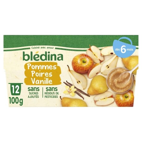 Bledina coupelles fruits  pommes poires vanille dès 6 mois 12x100g