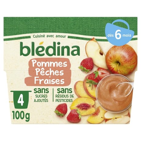 Bledina coupelles fruits pommes pêches fraises dès 6 mois 4x100g