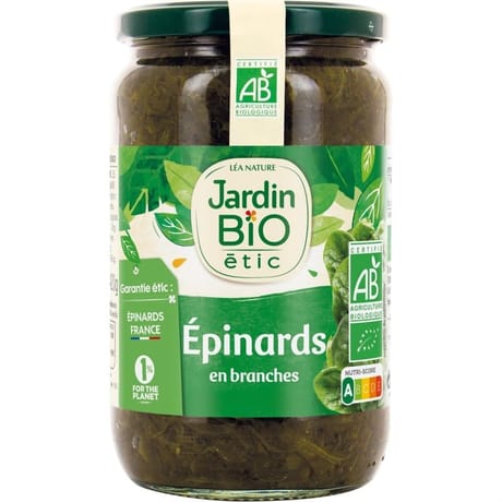 Jardin bio Etic épinards en branches bio bocal verre 630 g