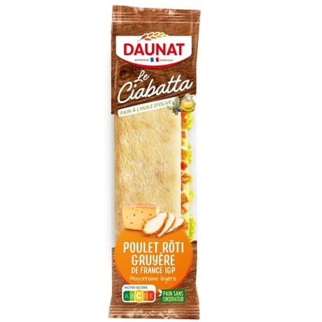 Daunat Baguette Ciabatta Poulet roti Gruyère IGP 200G