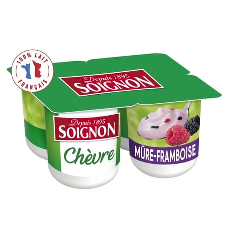 Soignon yaourt brassé au lait entier de chèvre sucré aux mûres et aux framboises 4x125 g