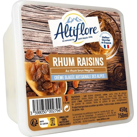 Altiflore bac crème glacée artisanale rhum raisin 750ml 450g