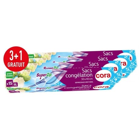 Cora sacs congélation grand modèle super zip 6l x15 sacs (3+1gratuit)