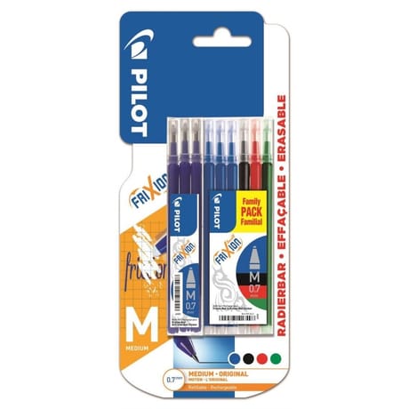 Pilot 6 recharges frixion ball clicker noir/rouge/vert + 1 étui 3 recharges bleu